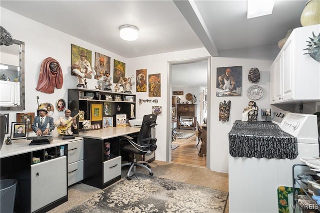 7438 Thunderbird Rd, Clay, NY 13088 - home office with washing machine and dryer and light colored carpet