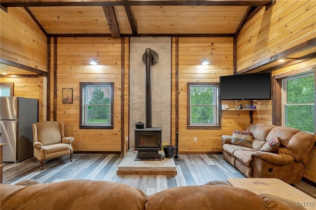 45 Fawn Lake Rd, Orwell, NY 13302 - living room featuring wooden ceiling, a wood stove, wood walls, and wood-type flooring