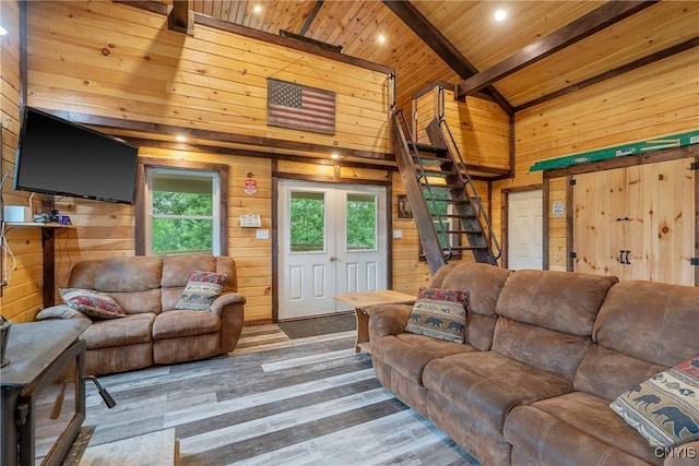 45 Fawn Lake Rd, Orwell, NY 13302 - living area featuring wooden ceiling, stairway, wood walls, wood finished floors, and recessed lighting