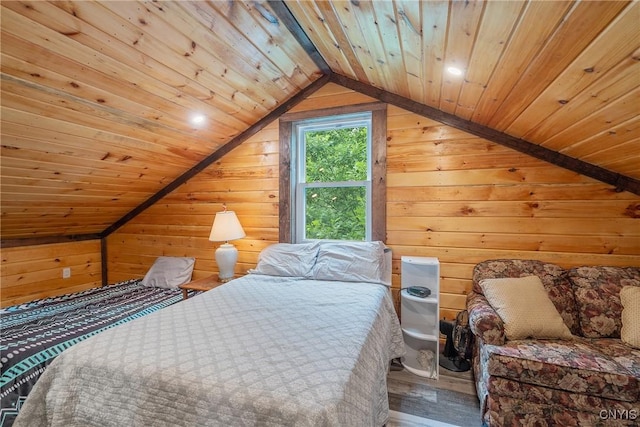 45 Fawn Lake Rd, Orwell, NY 13302 - bedroom with wood finished floors, wood ceiling, vaulted ceiling, and wooden walls