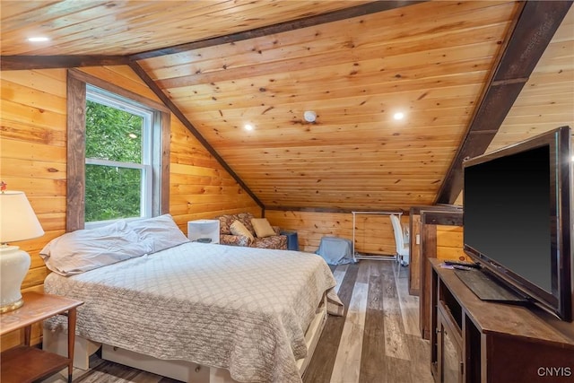 45 Fawn Lake Rd, Orwell, NY 13302 - bedroom with wooden ceiling, wood walls, vaulted ceiling, wood-type flooring, and recessed lighting