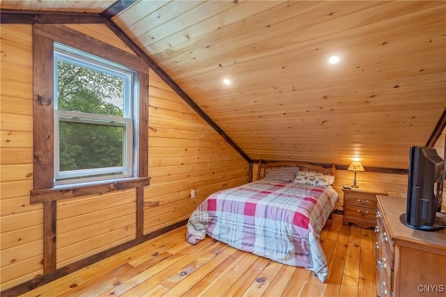 45 Fawn Lake Rd, Orwell, NY 13302 - bedroom featuring lofted ceiling, wood ceiling, wood-type flooring, wood walls, and recessed lighting