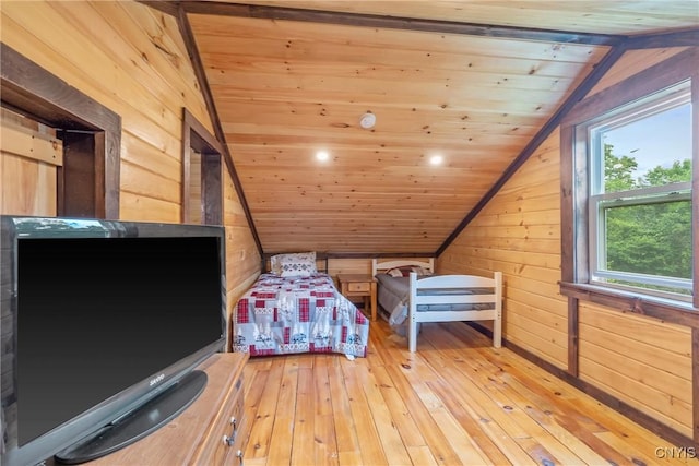 45 Fawn Lake Rd, Orwell, NY 13302 - bedroom featuring vaulted ceiling, light wood-type flooring, wood walls, and wooden ceiling