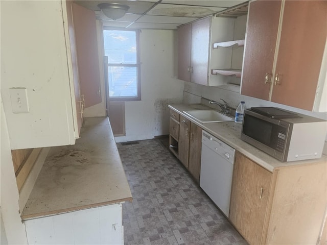 405 Balsam St, Elmira City, NY 14904 - kitchen featuring stainless steel microwave, white dishwasher, light floors, light countertops, and open shelves