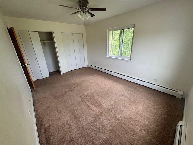 6084/4 Brockport Spencerport Rd Unit 4, Sweden, NY 14420 - unfurnished bedroom featuring a baseboard heating unit, two closets, carpet, and ceiling fan
