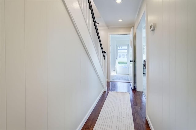331 E Commercial St, East Rochester, NY 14445 - corridor featuring dark wood-type flooring, recessed lighting, crown molding, and stairway