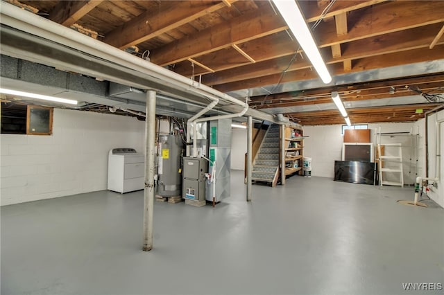 295 Westchester Blvd, Tonawanda-Town, NY 14217 - unfinished basement with washer / clothes dryer, gas water heater, stairway, heating unit, and concrete block wall