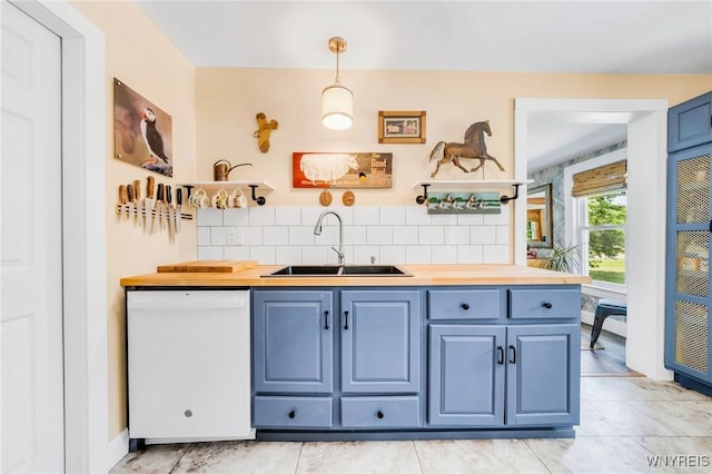 3121 Maple Rd, Wilson, NY 14108 - kitchen featuring dishwasher, blue cabinetry, wooden counters, tasteful backsplash, and decorative light fixtures