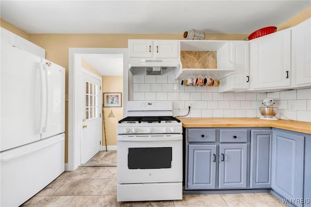 3121 Maple Rd, Wilson, NY 14108 - kitchen with white appliances, gray cabinetry, butcher block countertops, decorative backsplash, and white cabinetry