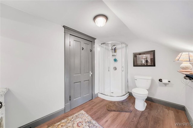 3121 Maple Rd, Wilson, NY 14108 - bathroom featuring vaulted ceiling, a stall shower, and wood finished floors