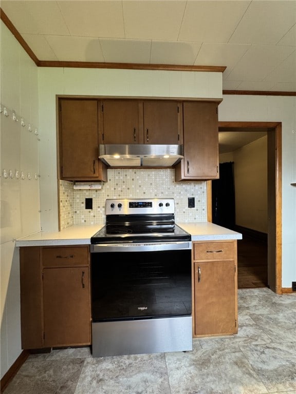 519 N Elk Ave, Kane Boro, PA 16735 - kitchen with stainless steel range with electric stovetop, wall chimney range hood, ornamental molding, tasteful backsplash, and light countertops