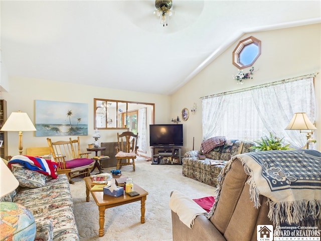 1501 Windfall Rd, Olean, NY 14760 - living area with carpet floors, ceiling fan, and high vaulted ceiling