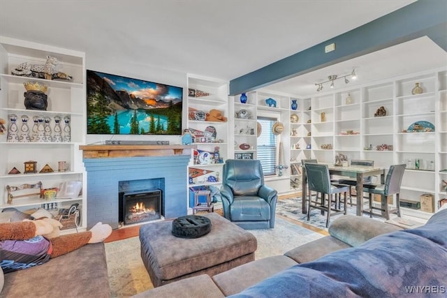 592 Parkside Ave, Buffalo, NY 14216 - living area featuring a warm lit fireplace and built in shelves
