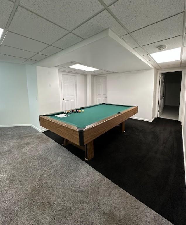 80 Endicar Dr, Irondequoit, NY 14622 - game room featuring dark colored carpet, a paneled ceiling, and billiards table