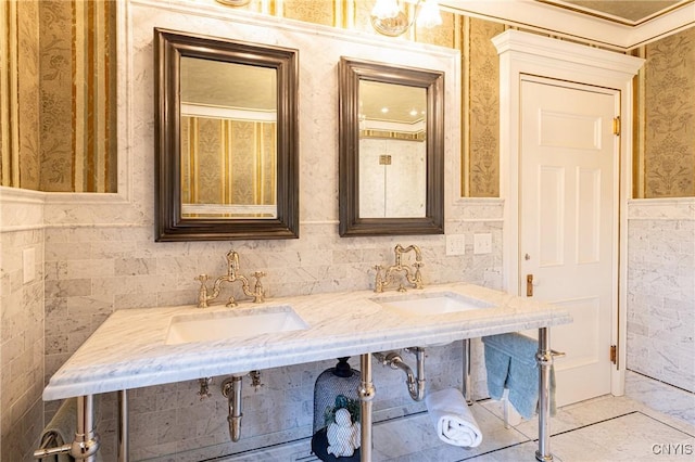 71 Forman St, Cazenovia, NY 13035 - full bath with tile walls, a wainscoted wall, wallpapered walls, and crown molding