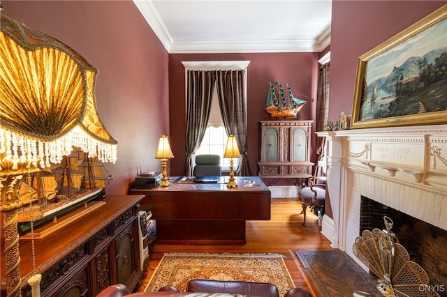 71 Forman St, Cazenovia, NY 13035 - office space with wood finished floors, crown molding, and a fireplace