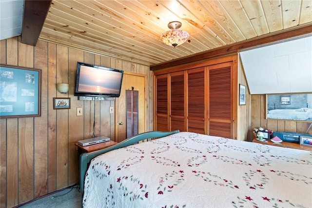 8545 Greig St, Sodus, NY 14555 - bedroom with wood walls, wood ceiling, vaulted ceiling, and carpet floors