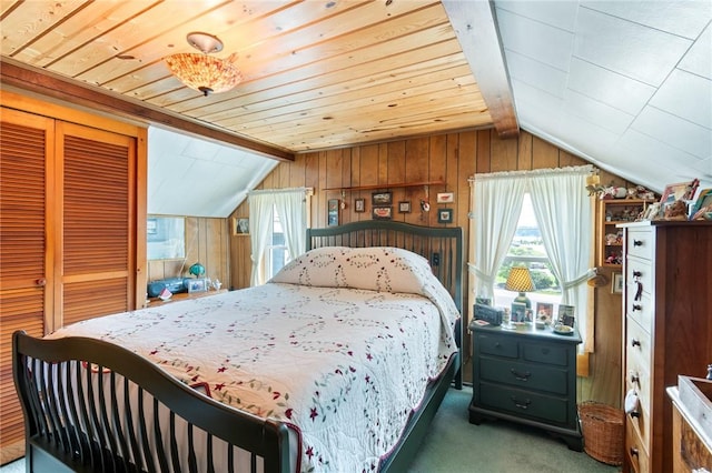 8545 Greig St, Sodus, NY 14555 - carpeted bedroom featuring vaulted ceiling, wooden walls, wood ceiling, and a closet