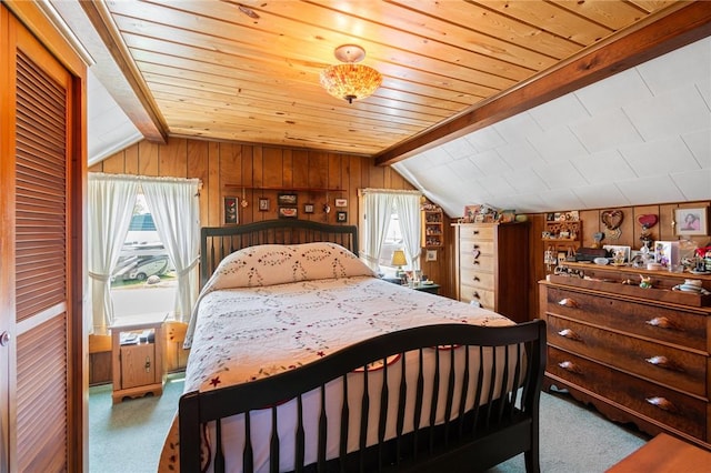 8545 Greig St, Sodus, NY 14555 - bedroom with carpet flooring, wood ceiling, and wood walls