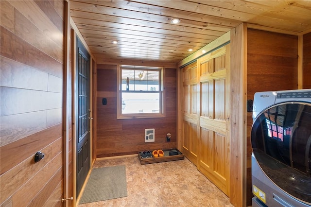 8545 Greig St, Sodus, NY 14555 - laundry room featuring washer / clothes dryer, wood walls, wood ceiling, and heating unit