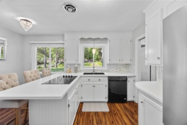 16 Trowbridge Trl, Pittsford, NY 14534 - kitchen with black appliances, a peninsula, dark wood-style flooring, light countertops, and healthy amount of natural light