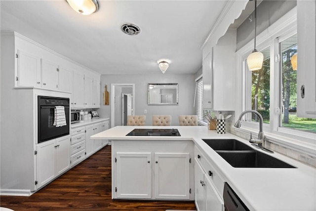 16 Trowbridge Trl, Pittsford, NY 14534 - kitchen featuring black appliances, white cabinets, dark wood-style flooring, a peninsula, and light countertops