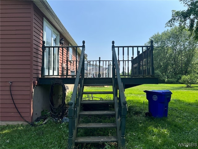 3980 Ridgelea Dr, Newfane, NY 14094 - view of green lawn with stairs and a wooden deck