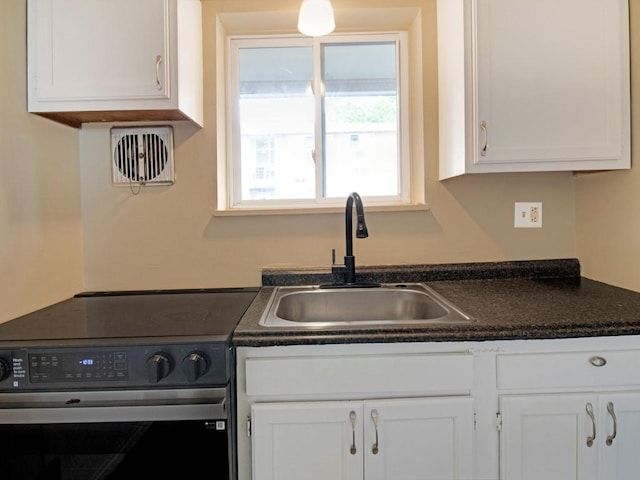 2432 E Ave Unit B, Brighton, NY 14610 - kitchen with electric range, white cabinets, and dark countertops