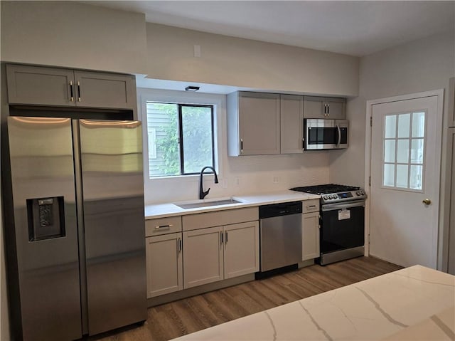 41 Garnet St, Rochester, NY 14609 - kitchen featuring appliances with stainless steel finishes, gray cabinetry, dark wood-style floors, and light countertops