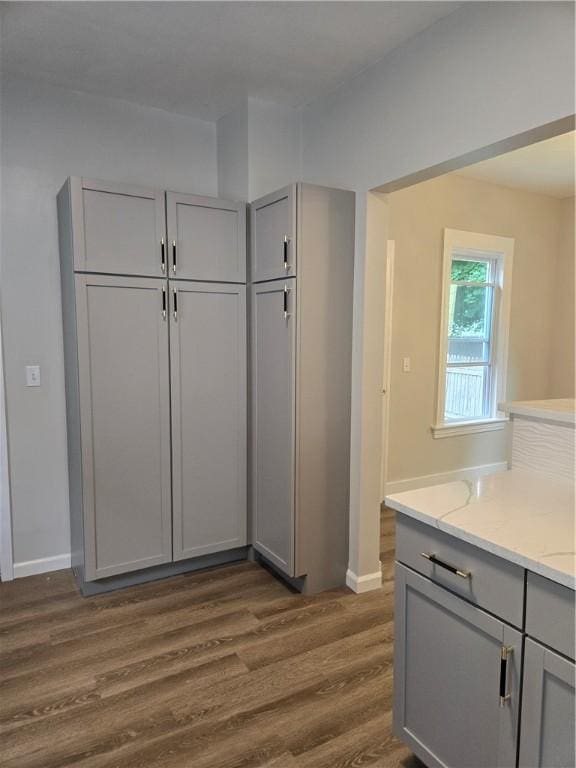 41 Garnet St, Rochester, NY 14609 - kitchen featuring gray cabinets, dark wood-type flooring, and light stone counters