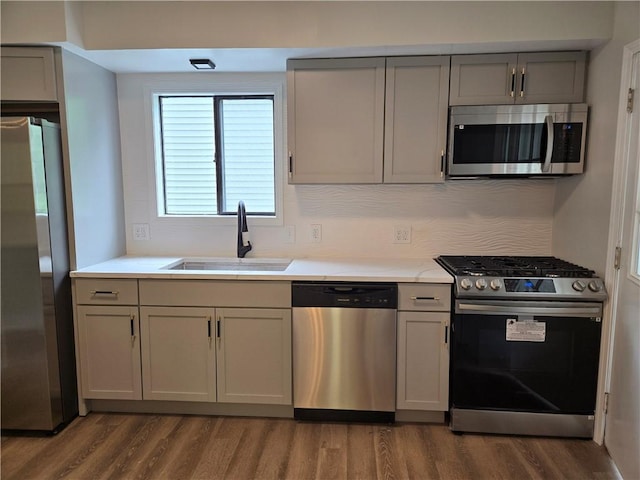 41 Garnet St, Rochester, NY 14609 - kitchen featuring appliances with stainless steel finishes, gray cabinetry, wood finished floors, light countertops, and tasteful backsplash
