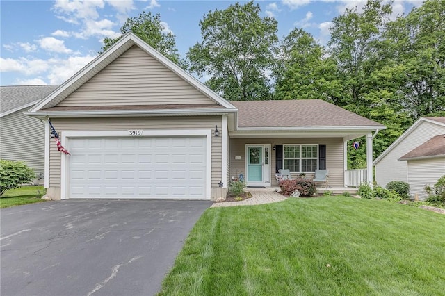 3919 N Park Way, Walworth, NY 14568 - ranch-style home with a front lawn, asphalt driveway, a porch, and a garage