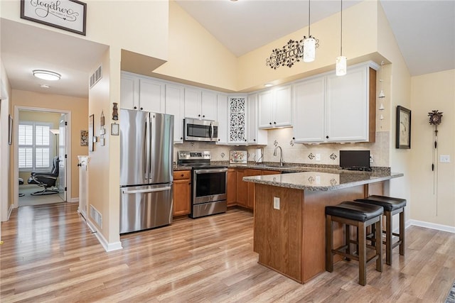 3919 N Park Way, Walworth, NY 14568 - kitchen featuring stainless steel appliances, a peninsula, light wood-type flooring, dark stone counters, and backsplash