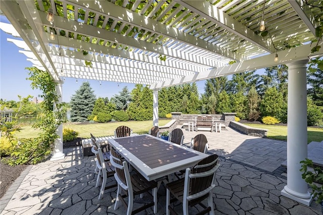 4 Crowne Pointe Dr, Penfield, NY 14526 - view of patio with outdoor dining area, view of wooded area, and a pergola