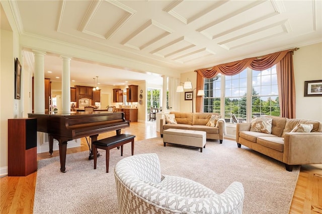 4 Crowne Pointe Dr, Penfield, NY 14526 - living area featuring decorative columns, coffered ceiling, light wood finished floors, crown molding, and beamed ceiling