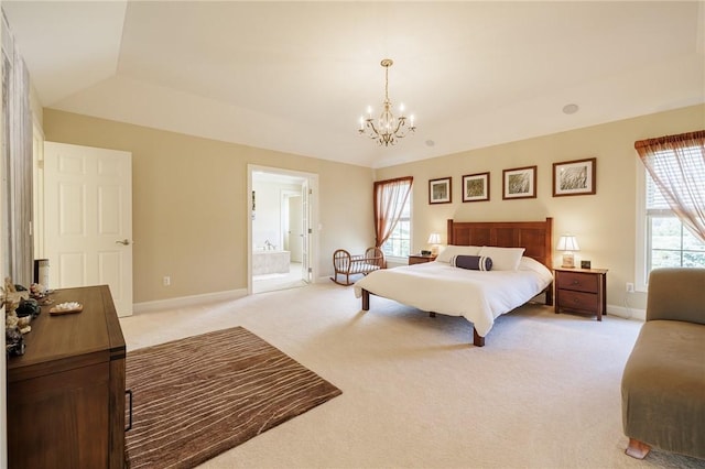 4 Crowne Pointe Dr, Penfield, NY 14526 - bedroom with a chandelier, light carpet, and ensuite bathroom