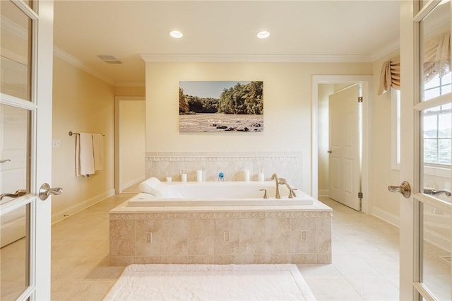 4 Crowne Pointe Dr, Penfield, NY 14526 - full bathroom with a garden tub, tile patterned flooring, crown molding, and recessed lighting