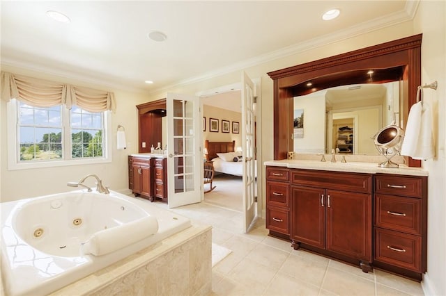 4 Crowne Pointe Dr, Penfield, NY 14526 - ensuite bathroom with vanity, french doors, a whirlpool tub, crown molding, and tile patterned floors