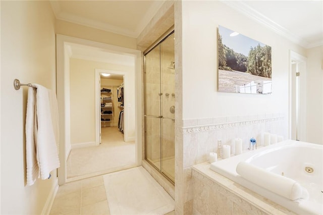 4 Crowne Pointe Dr, Penfield, NY 14526 - bathroom featuring a stall shower, a tub with jets, ornamental molding, a spacious closet, and tile patterned floors