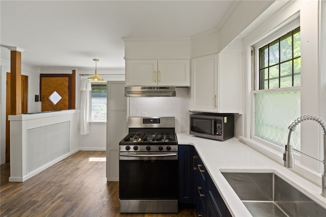 29 Stonehenge Rd, Irondequoit, NY 14609 - kitchen featuring appliances with stainless steel finishes, under cabinet range hood, white cabinets, decorative backsplash, and dark wood finished floors