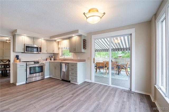 278 Shady Grove Dr, Amherst, NY 14051 - kitchen featuring stainless steel appliances, gray cabinetry, light wood-style flooring, and light countertops