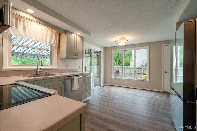 278 Shady Grove Dr, Amherst, NY 14051 - kitchen with stainless steel dishwasher, light countertops, a textured ceiling, dark wood-type flooring, and freestanding refrigerator