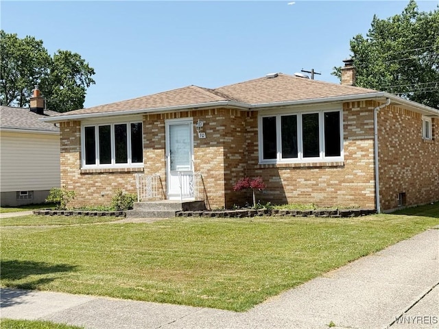 30 Nassau Ln, Cheektowaga, NY 14225 - ranch-style house featuring a chimney, brick siding, a front lawn, and roof with shingles