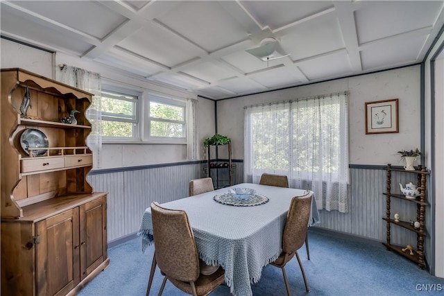 44420 Butterfield, Alexandria, NY 13607 - dining space with coffered ceiling, carpet flooring, wainscoting, and beamed ceiling