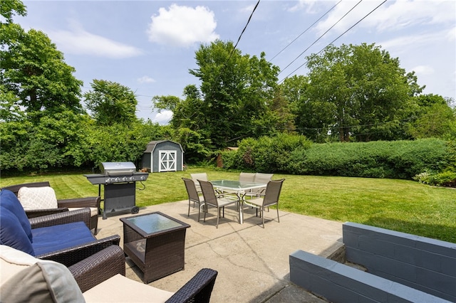 196 Saint Johns Dr, Greece, NY 14626 - view of patio / terrace featuring a storage shed, outdoor dining area, area for grilling, and an outdoor living space