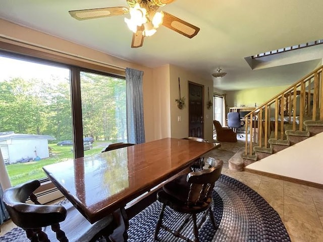 22869AND22871 State Highway 23, Harpersfield, NY 13786 - dining space featuring a ceiling fan, stairs, and tile patterned floors