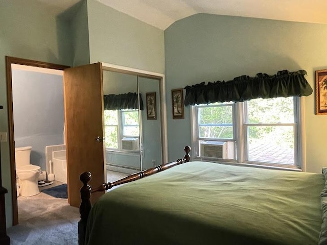 22869AND22871 State Highway 23, Harpersfield, NY 13786 - bedroom featuring cooling unit, vaulted ceiling, multiple windows, carpet, and a closet