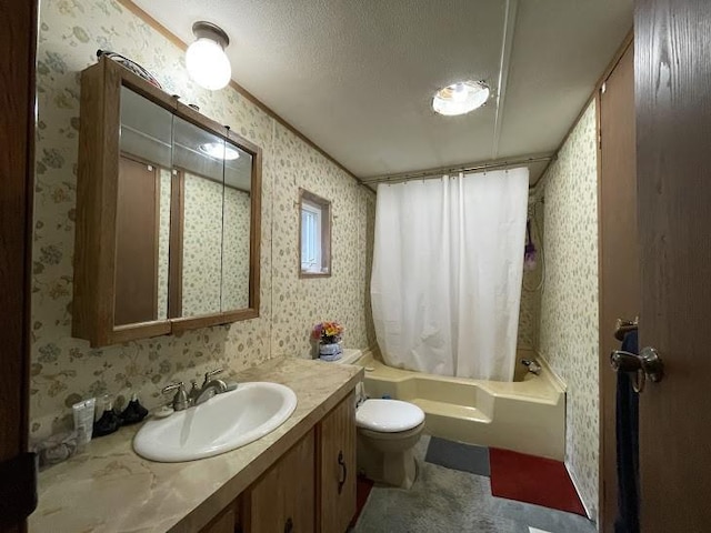 22869AND22871 State Highway 23, Harpersfield, NY 13786 - bathroom with wallpapered walls, vanity, shower / tub combo with curtain, and a textured ceiling