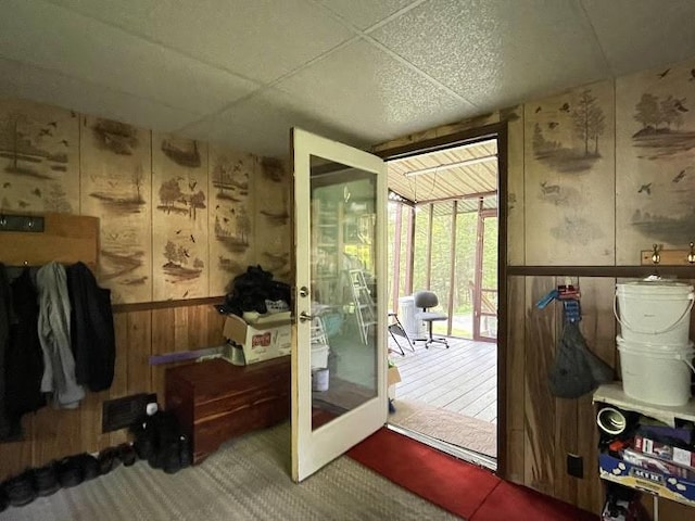 22869AND22871 State Highway 23, Harpersfield, NY 13786 - doorway with wood walls, a paneled ceiling, and french doors