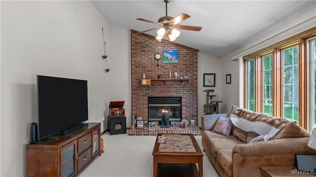 131 Daven Dr, Amherst, NY 14068 - living room featuring vaulted ceiling, a ceiling fan, light carpet, and a fireplace